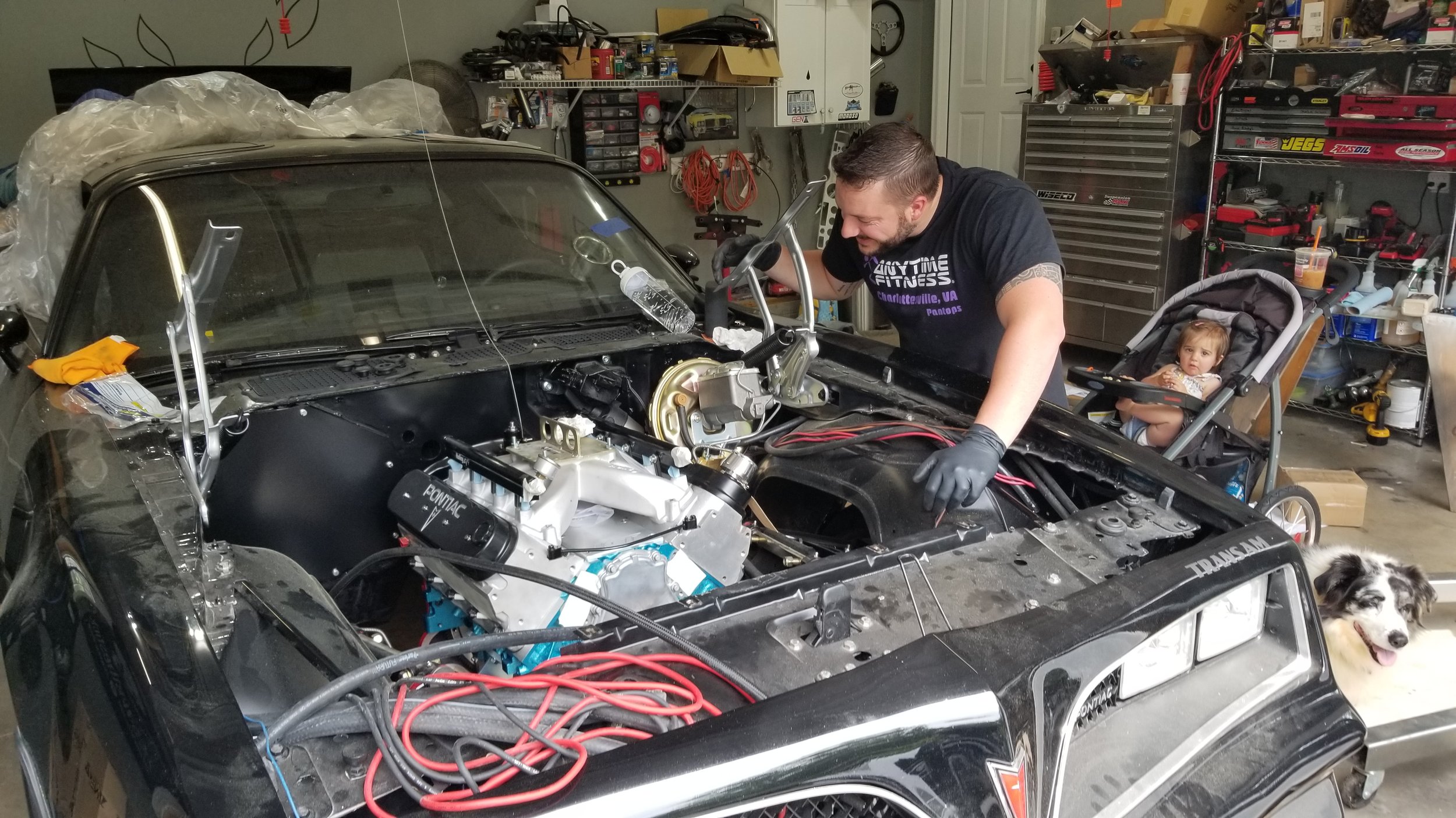 Chris Stiltner of Signature Series Motor Company working on a black Pontiac Trans Am car in a garage, with a young girl in a stroller nearby and a dog in the foreground. The garage has shelves filled with tools and supplies.