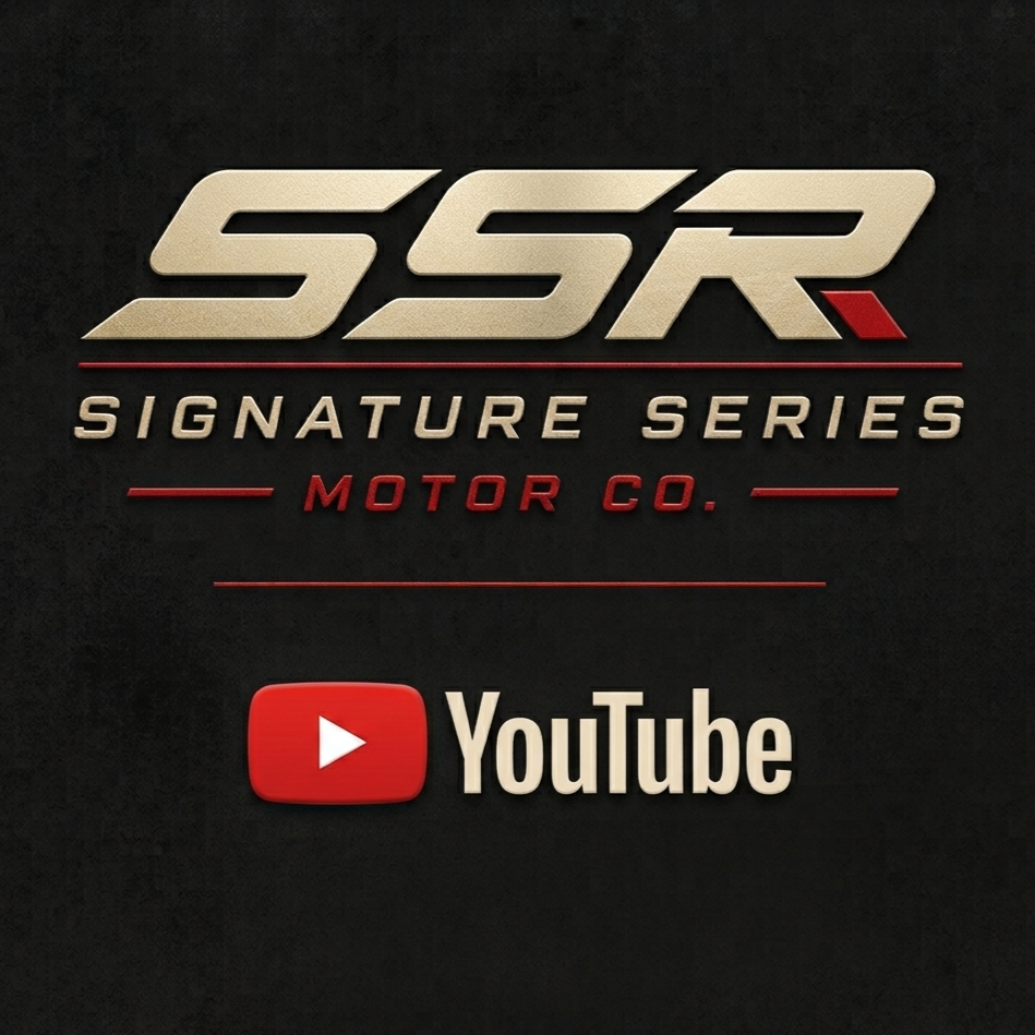 Logo of SSR Signature Series Motor Co. with a YouTube logo below.