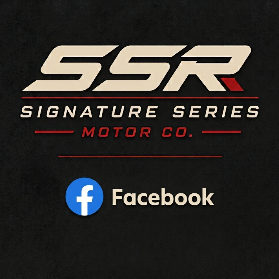 Logo for SSR Signature Series Motor Co. with Facebook logo and name