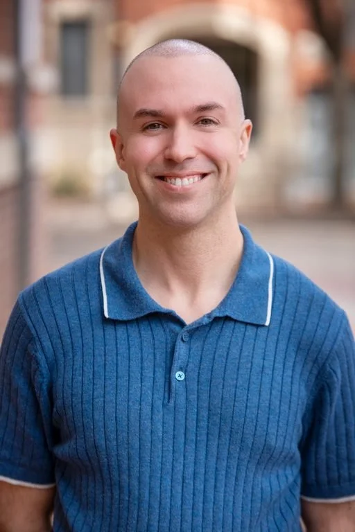 Smiling young man with a shaved head wearing a blue polo shirt outdoors with blurred buildings in the background. Travis Williams