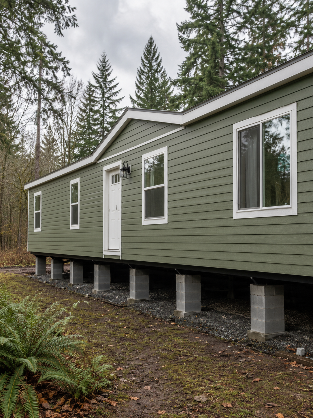 A green house elevated on concrete blocks with a white door and windows, located in a wooded area with tall trees and a mossy ground.