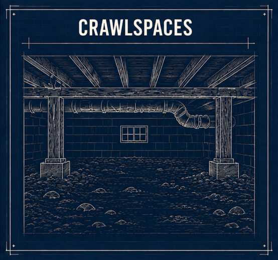 Illustration of a crawl space with wooden beams, ductwork, cinder block walls, a small window, and dirt floor.