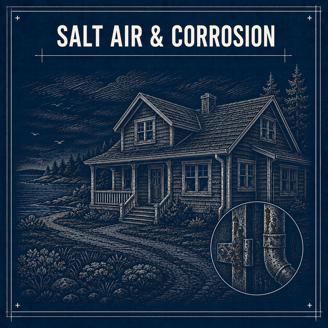 Blueprint illustration of a house showing signs of salt air and corrosion, with a close-up detail of metal door hinges affected by rust and salt corrosion.