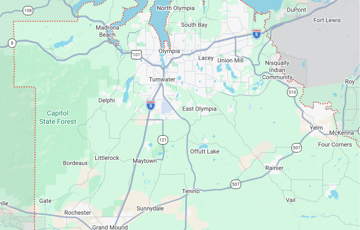 Map of Olympia, Washington and surrounding areas, showing highways, neighborhoods, and natural features like forests and lakes.