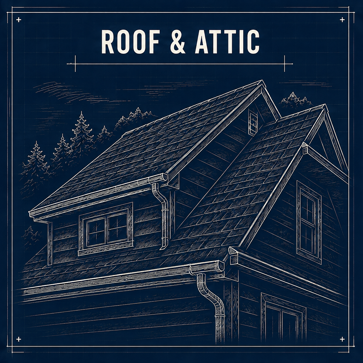 Blueprint-style illustration of a house with a sloped roof, windows, and rain gutters, with trees and mountains in the background.
