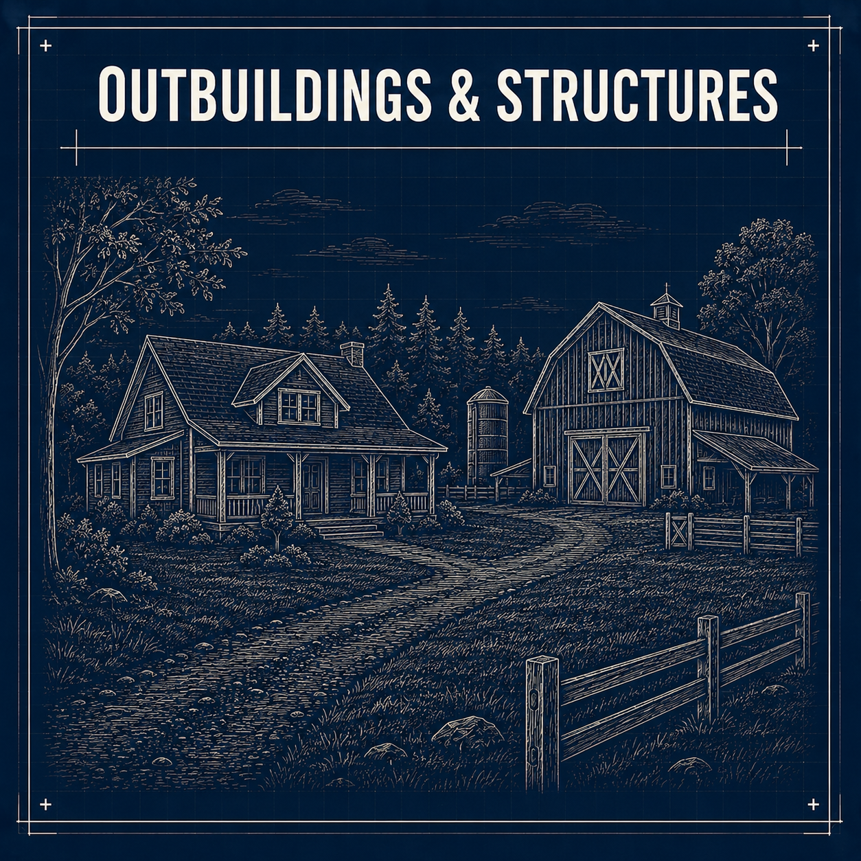 Blueprint illustration of a farm scene with a house, barn, silo, trees, and a fence.