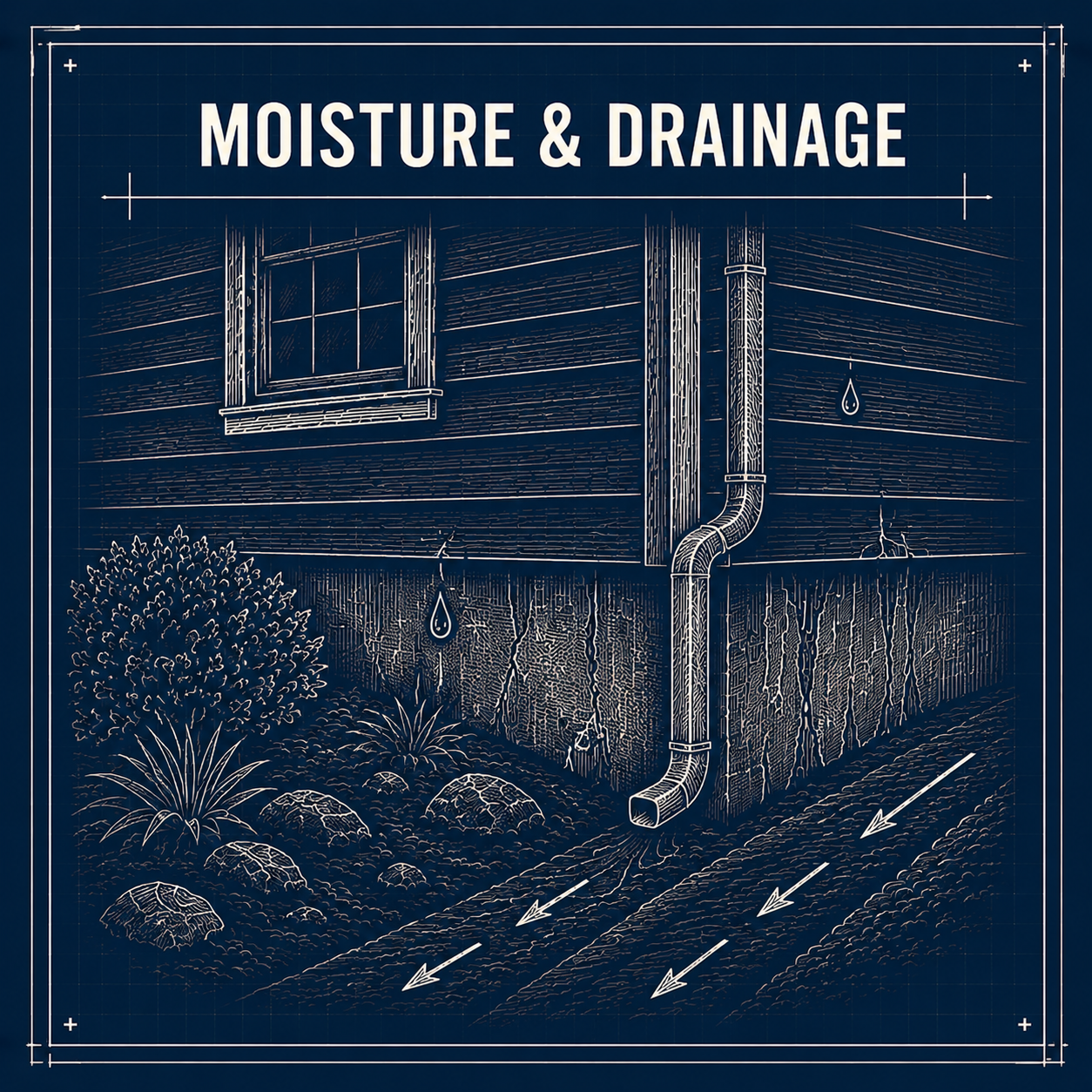 Blueprint illustration of moisture and drainage system for a house, showing a window, a gutter, downspout, water droplets, soil, plants, rocks, and arrows indicating water flow.