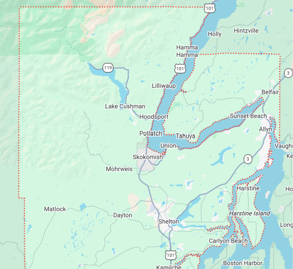 Map of a region showing towns and lakes near the shoreline, including Lake Cushman, Hood sports, Potlatch, Union, Shelton, and Carleton Beach with roads and geographic boundaries.