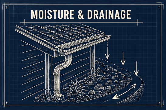 Blueprint illustration showing moisture drainage from a house's gutter system to prevent water accumulation and damage.