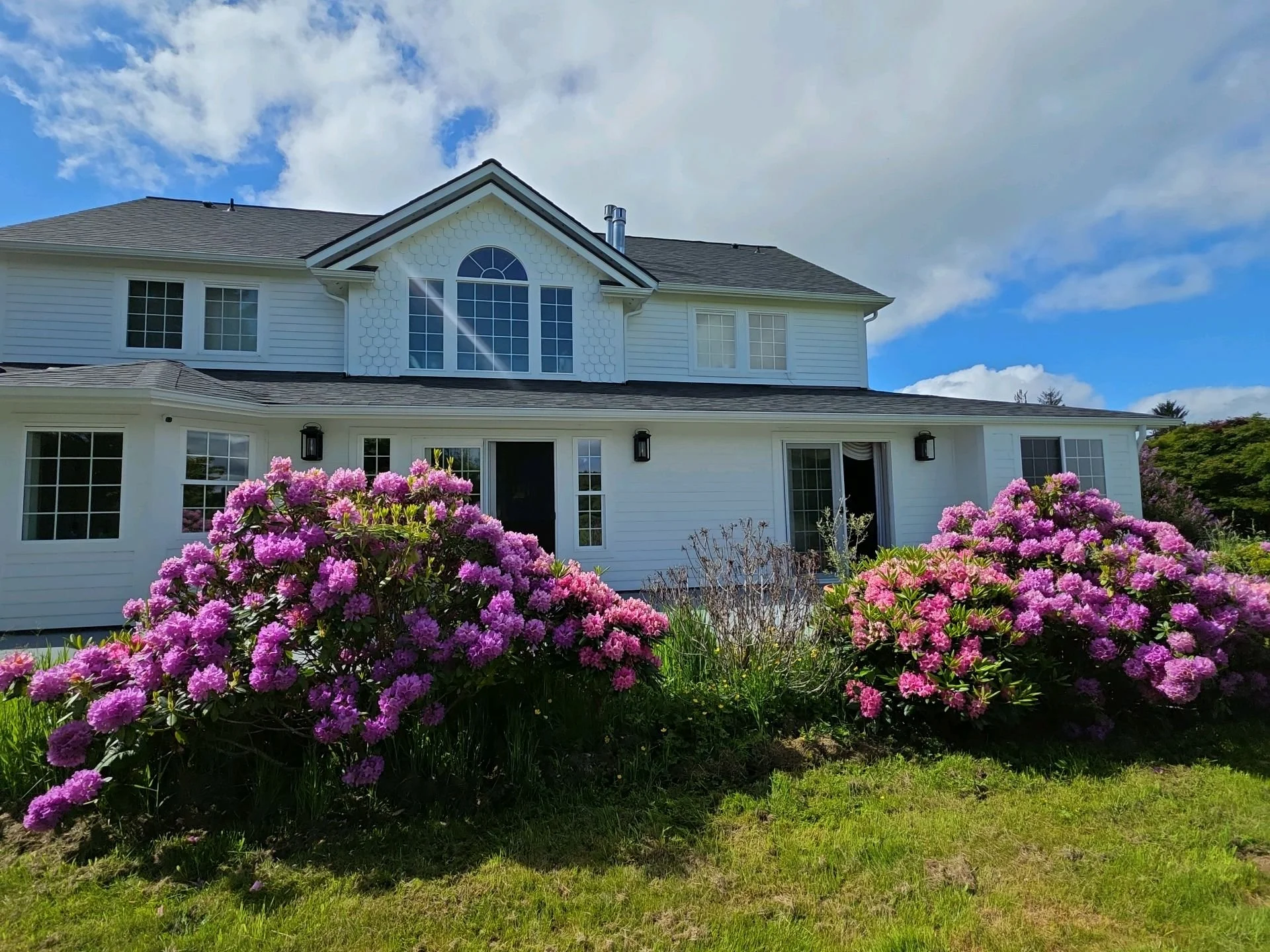 A white two-story house with multiple windows and a shingled roof, surrounded by blooming pink rhododendron bushes under a blue sky with scattered clouds.