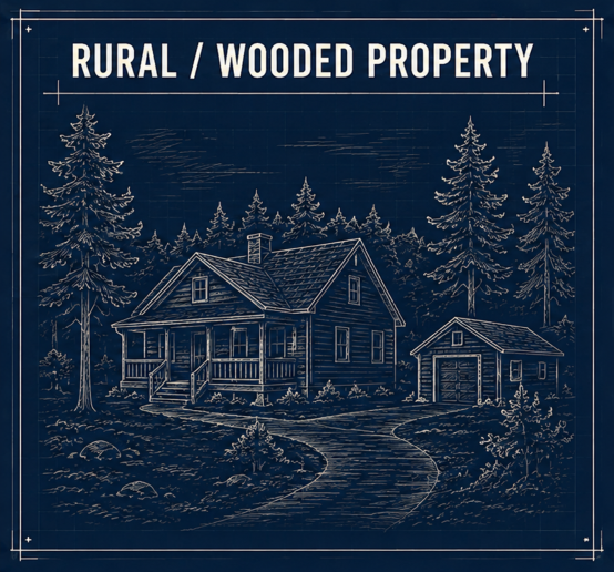 Blueprint-style illustration of a rural wooden house and a garage surrounded by tall trees and a curved driveway.