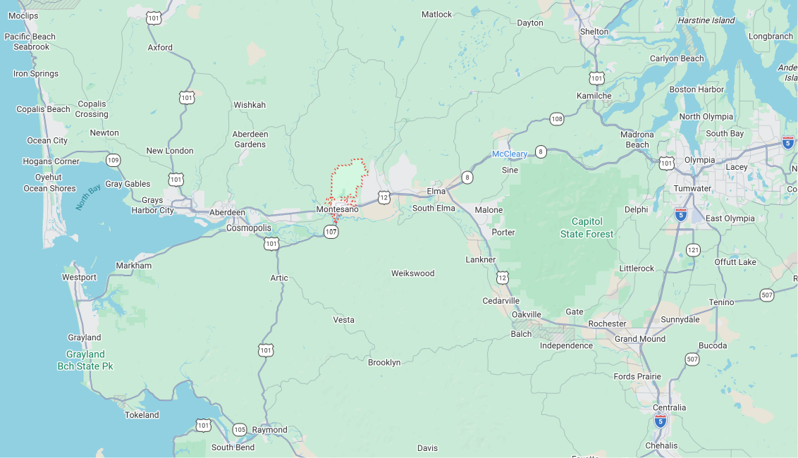 Map of southwestern washington stateshowing cities, highways, and natural areas including ocean shores, aberdeen, shelton, and olympia