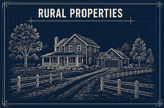 Blueprint-style illustration of a rural property with a large house, trees, and a fence.