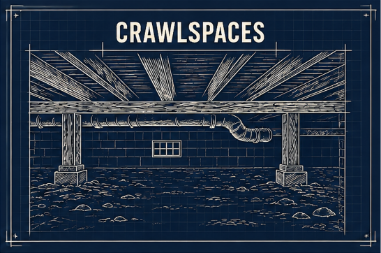 Blueprint-style drawing of a crawlspace with support beams, a vent, and ductwork.