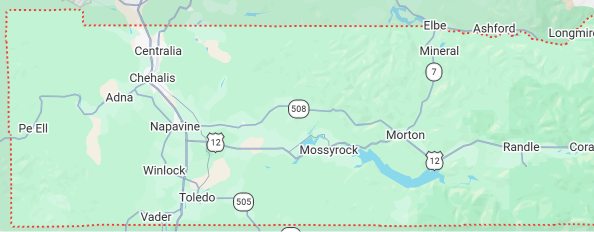 Map of a region showing towns such as Pe Ell, Centralia, Chehalis, Napavine, Winlock, Vader, Toledo, Mossyrock, Morton, and Randle, with roads, rivers, and geographical features in western Washington state.
