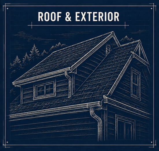 Blueprint-style illustration of a house's roof and exterior.