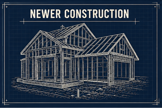 Blueprint blueprint drawing of a house under construction with the words 'Newer Construction' at the top.