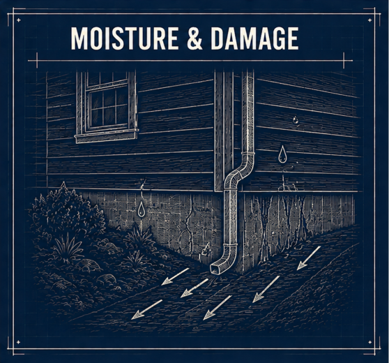 A diagram showing moisture damage on a house exterior, including water droplets on the siding, leaking from a drainpipe, and arrows indicating water seepage into the ground.