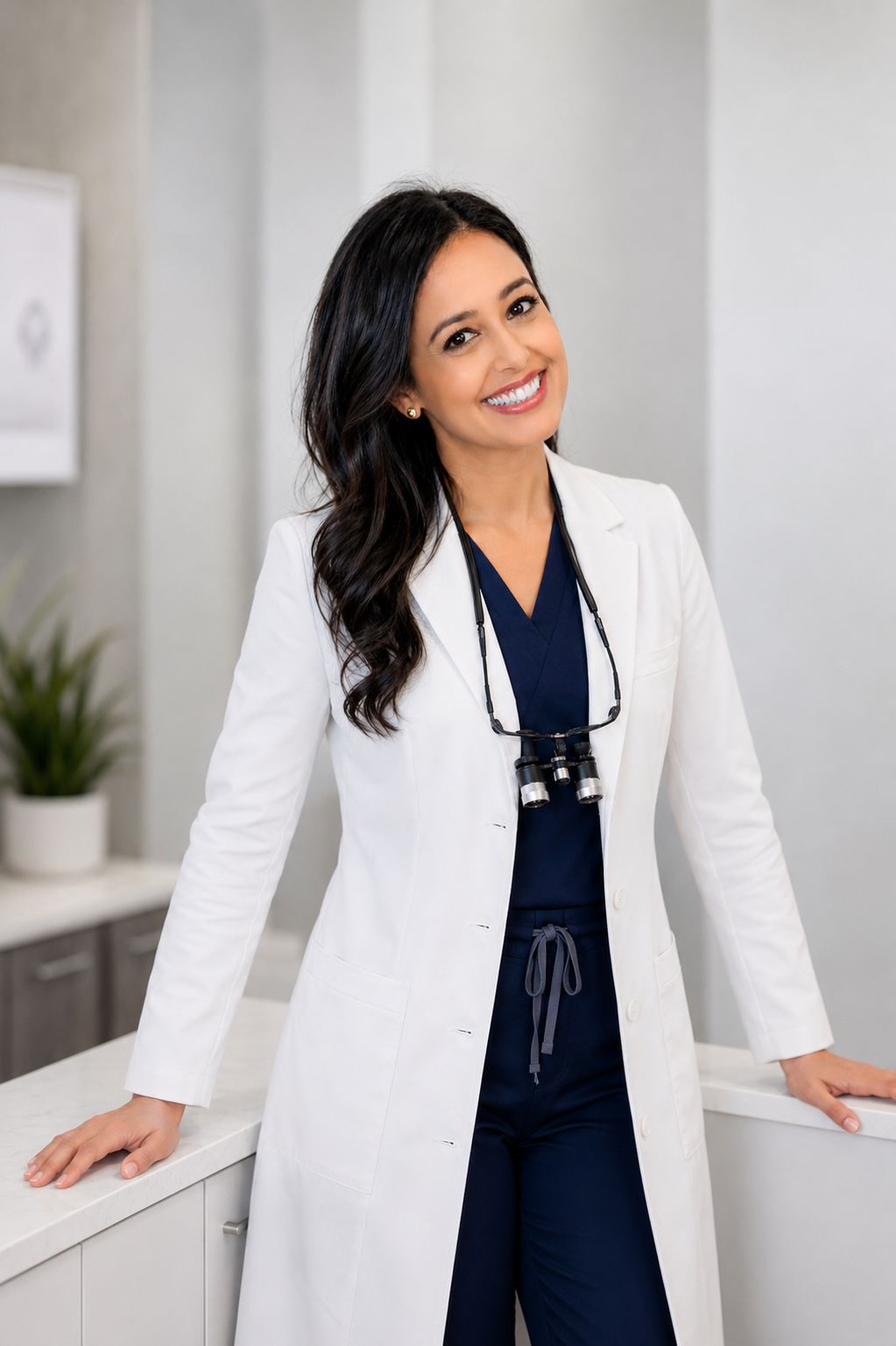 Smiling female doctor with dark hair, wearing a white coat and navy scrubs, standing in a medical office with a stethoscope around her neck.