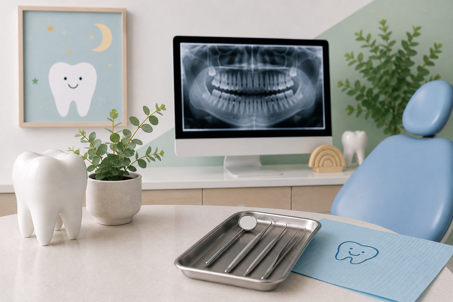 A dental office with a computer displaying a dental X-ray, a model of a tooth, dental tools on a tray, a plant, and a framed cartoon tooth illustration on the wall.