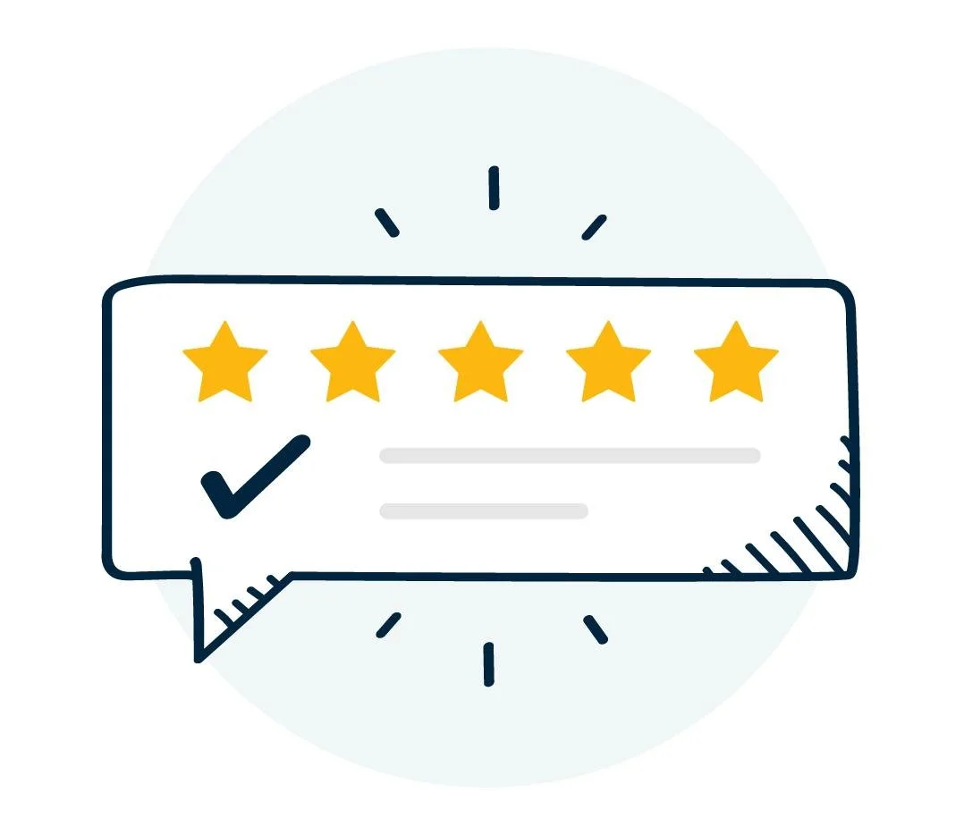 Rating review with five stars, four of which are highlighted in gold, and a checkmark indicating approval.