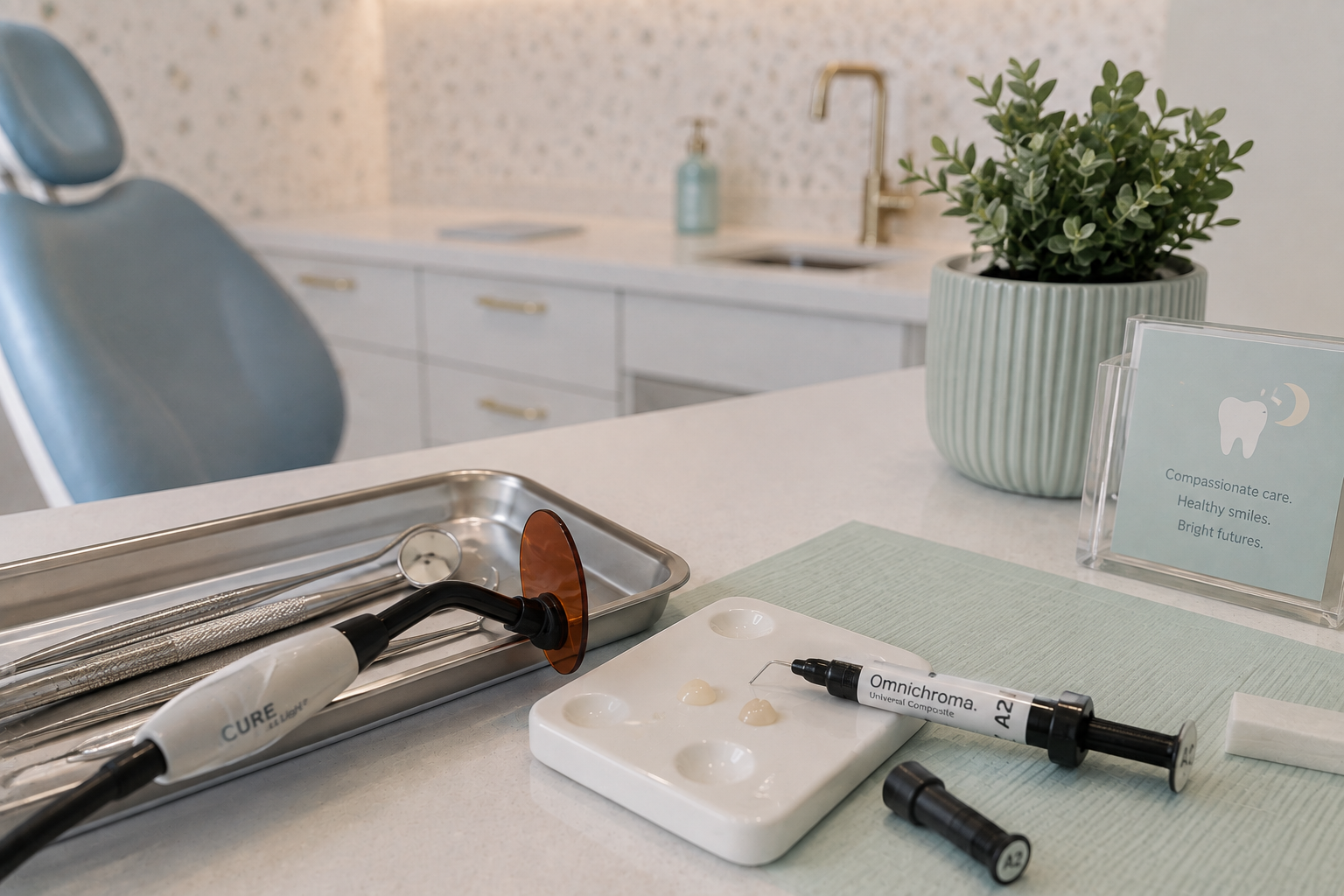 Dental tools and materials on a clinical countertop, including a curing light, a tray with dental instruments, a syringe, and dental porcelain samples, with a background of a sink and a plant.