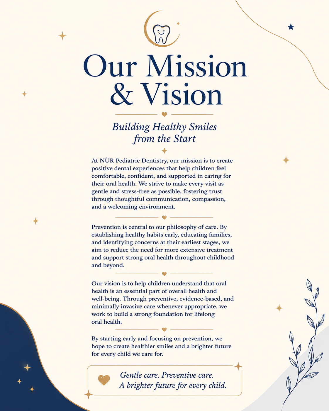 A poster outlining the mission and vision of NUR Pediatric Dentistry. The poster features decorative gold stars, a small tooth illustration, and a white and navy blue color scheme. It emphasizes building healthy smiles through preventive care and education for children's oral health.