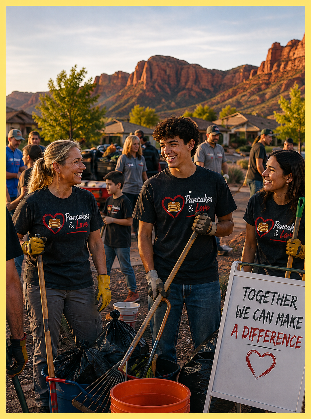 Pancakes & Love volunteers working together on a community cleanup project