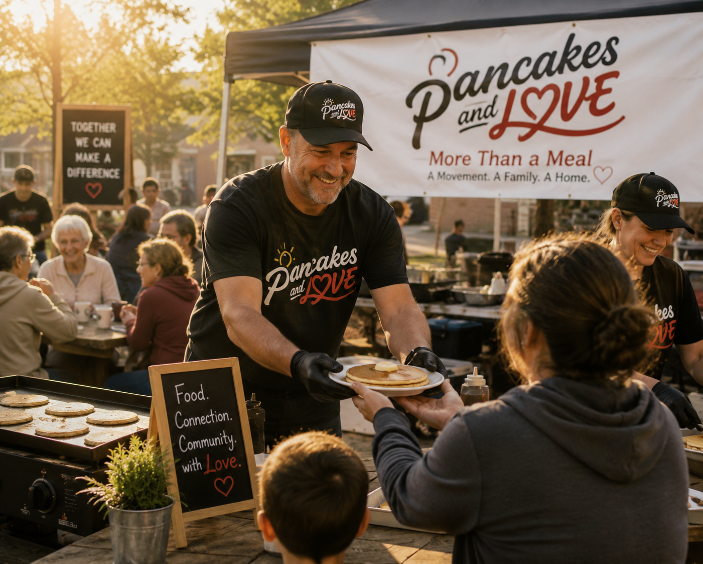 Volunteer serving pancakes to neighbors at a Pancakes & Love community breakfast event.