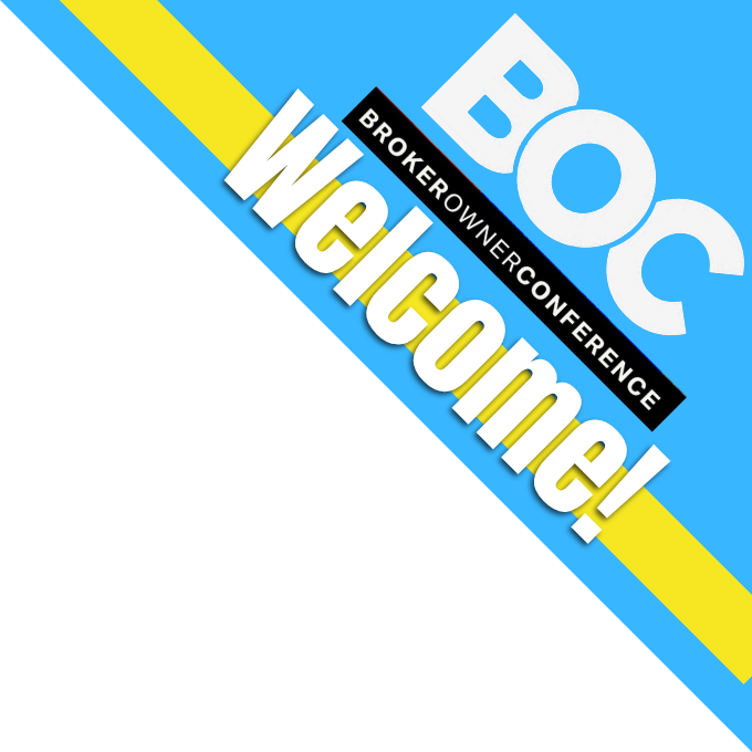 Logo for the Broker Owner Conference, titled 'B.O.C. Welcome Conference,' on a blue background with a yellow diagonal stripe.