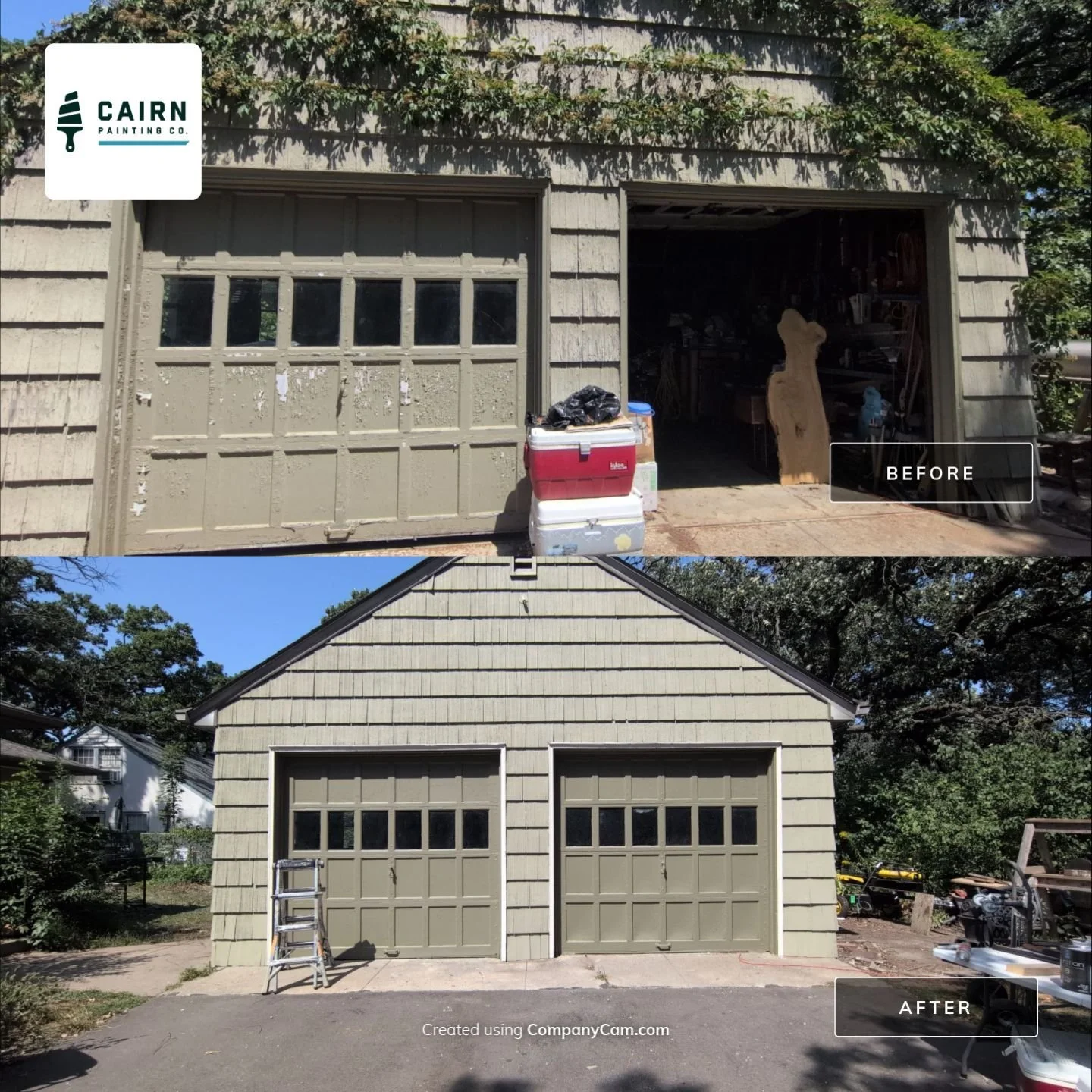 Garage door and trim repaint - before and after, Cairn Painting Co.