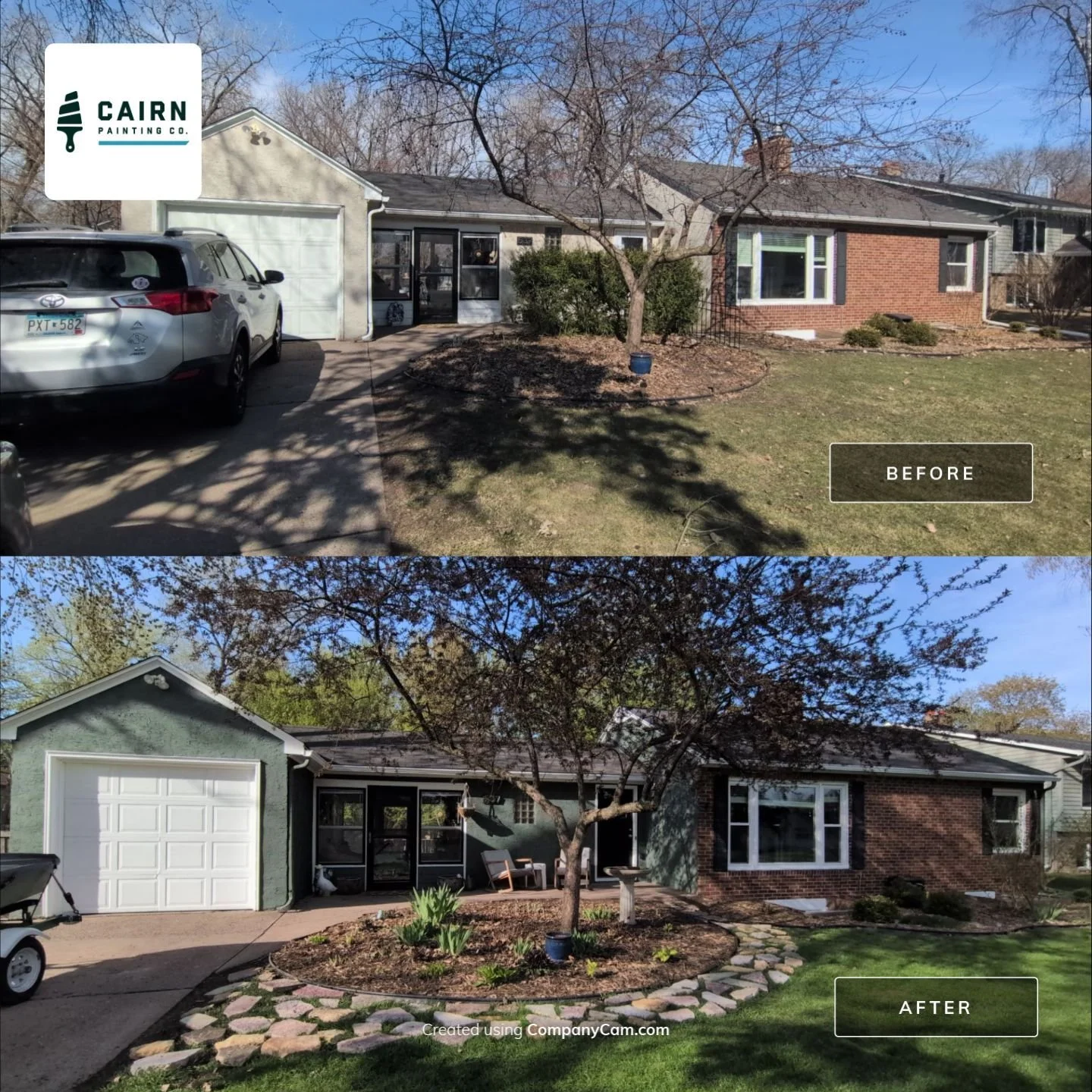 Brick ranch home exterior repaint - before and after, Cairn Painting Co.