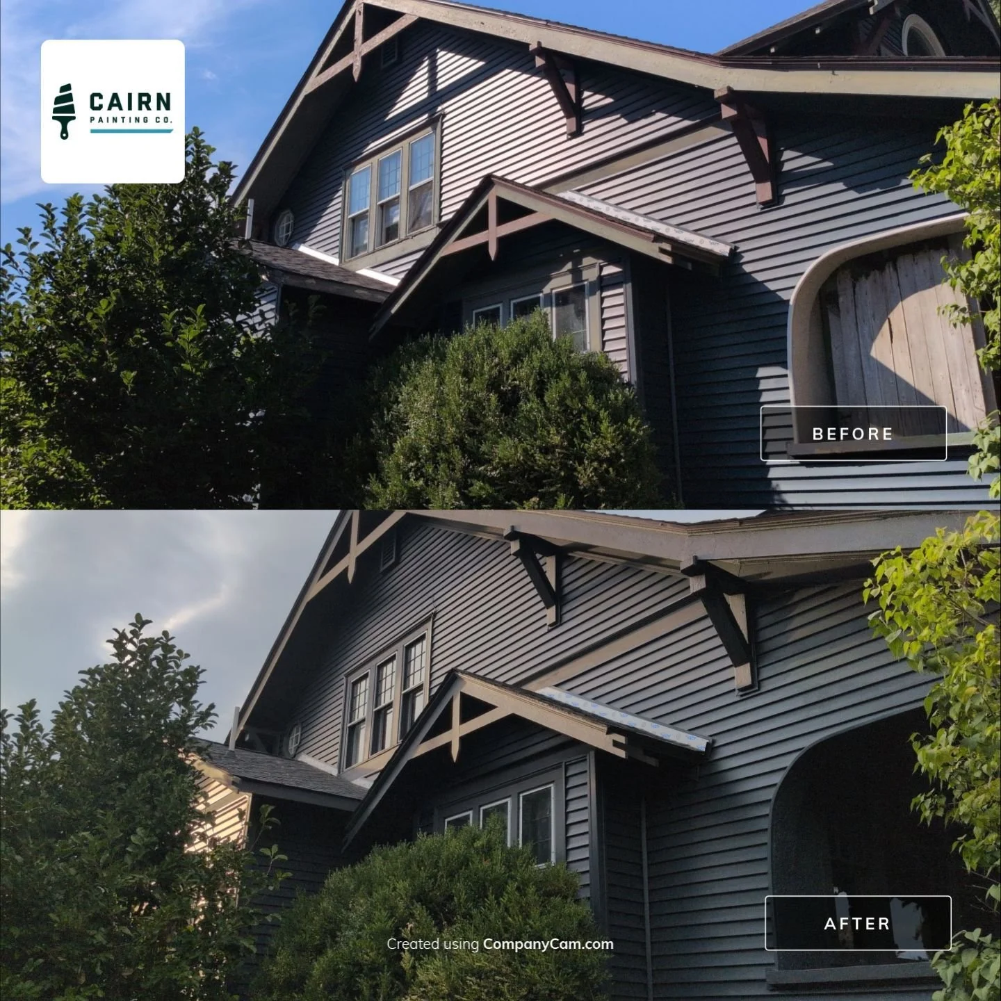 Craftsman style home exterior repaint at dusk - before and after, Cairn Painting Co.