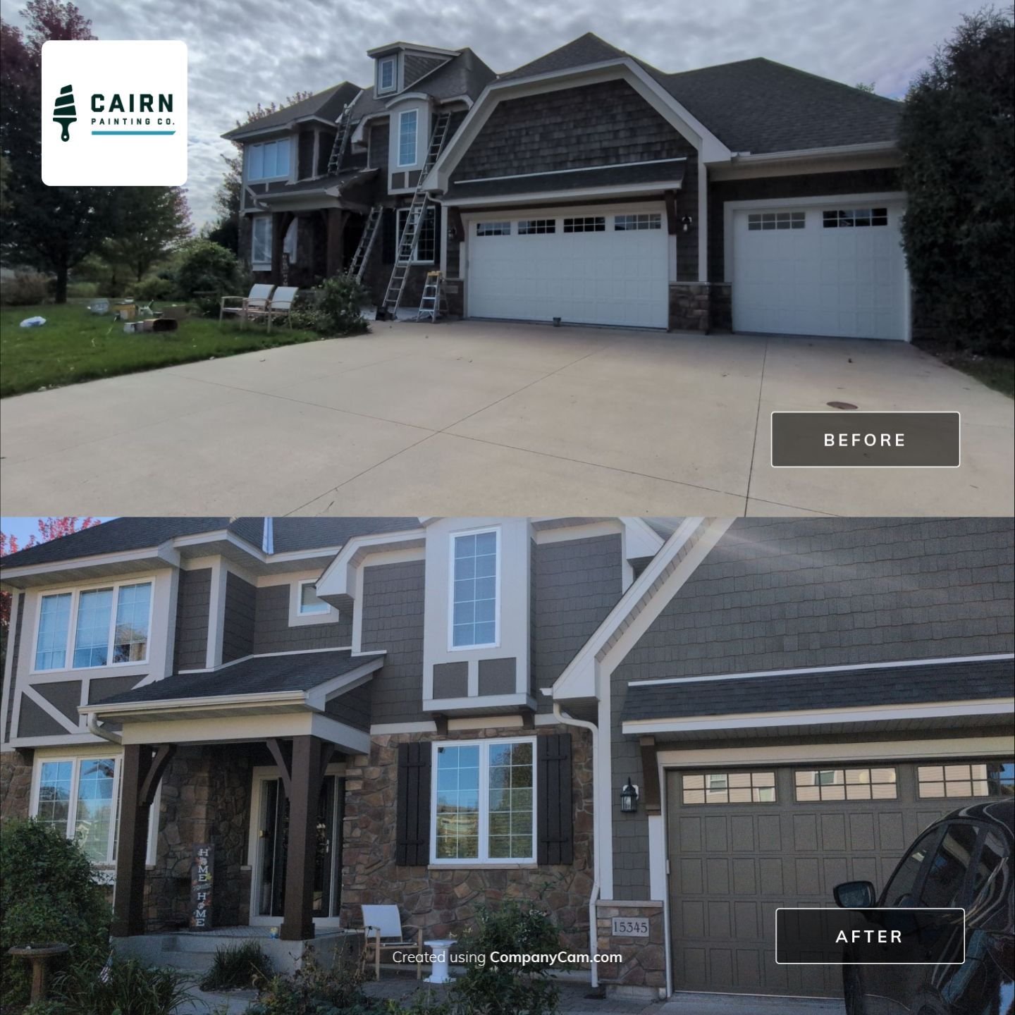 Garage and driveway exterior repaint - before and after, Cairn Painting Co.