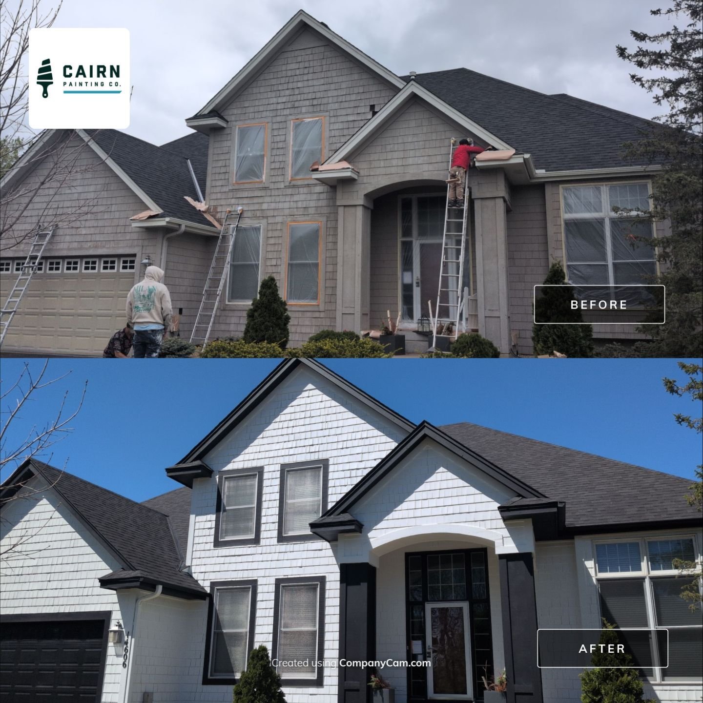 Exterior repaint in progress - before and after, Cairn Painting Co.
