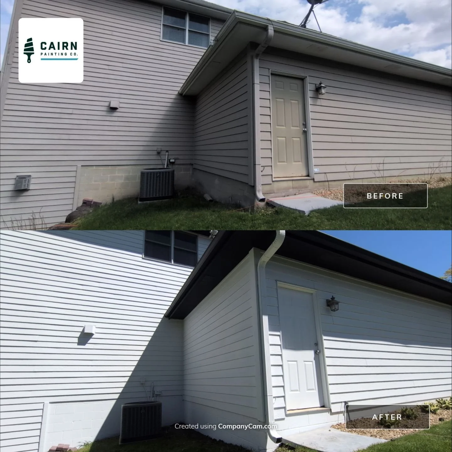 Siding and garage door exterior repaint - before and after, Cairn Painting Co.