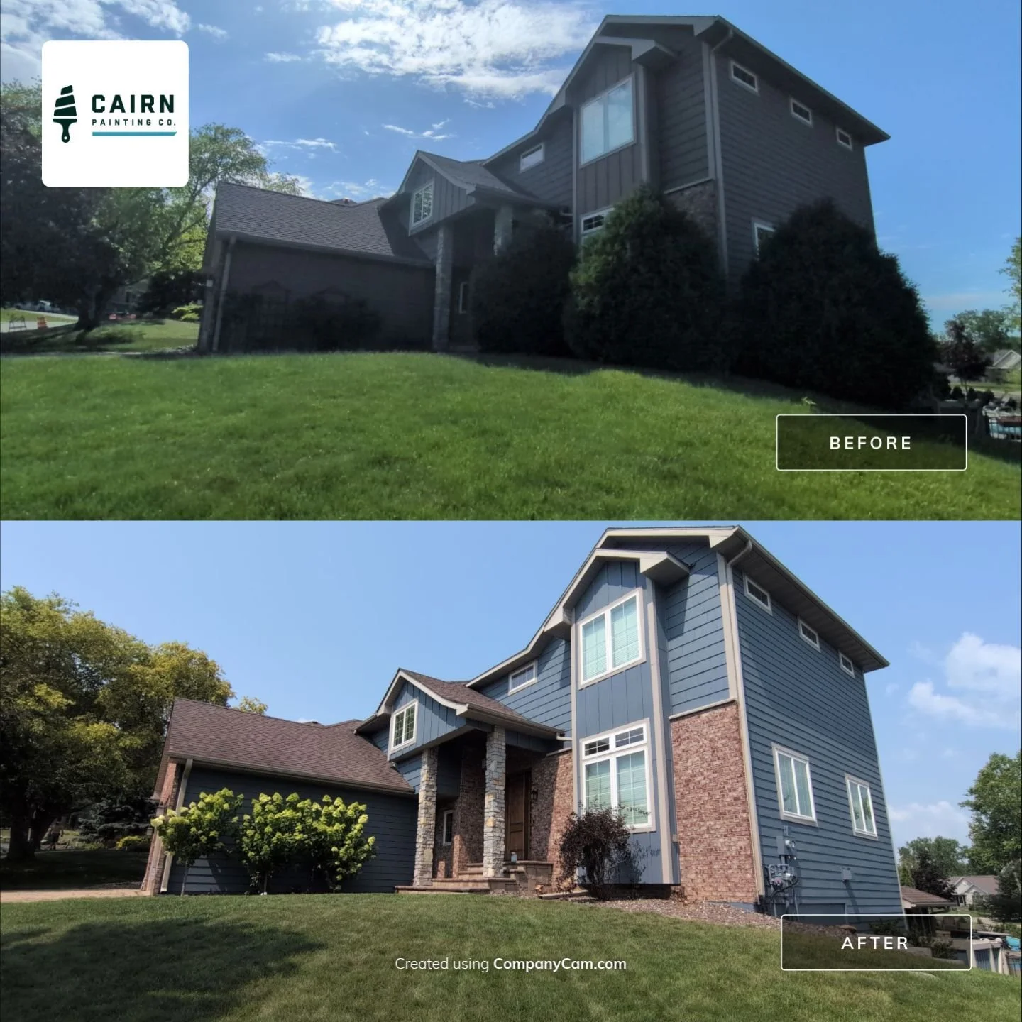 Two-story brick and siding exterior repaint - before and after, Cairn Painting Co.