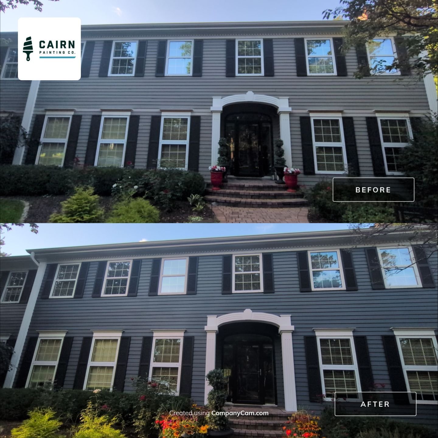 Colonial style home exterior repaint - before and after, Cairn Painting Co.