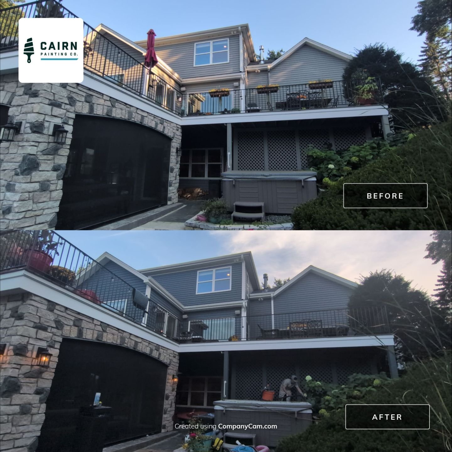 Stone accent home exterior repaint at dusk - before and after, Cairn Painting Co.