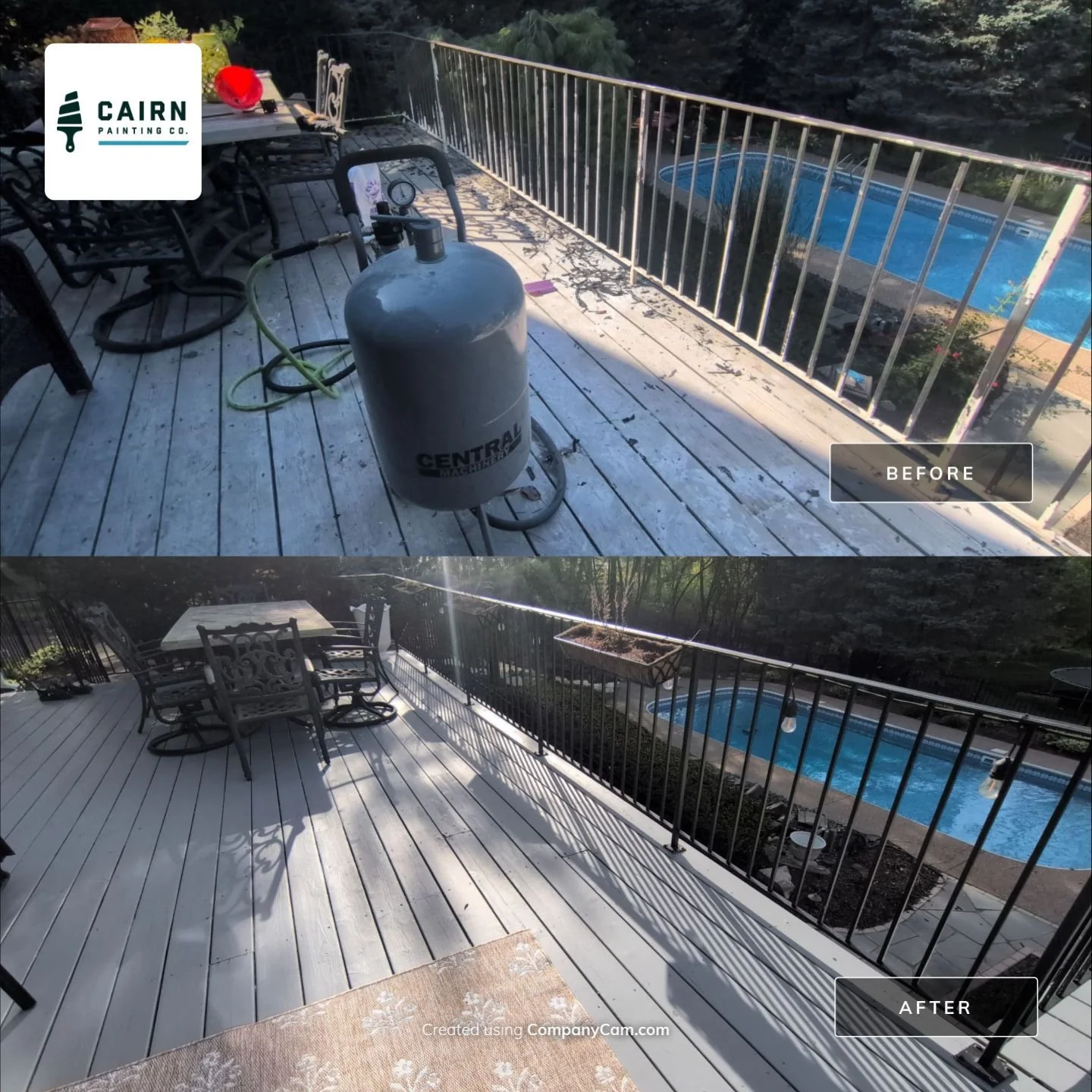 Deck and railing repaint - before and after, Cairn Painting Co.