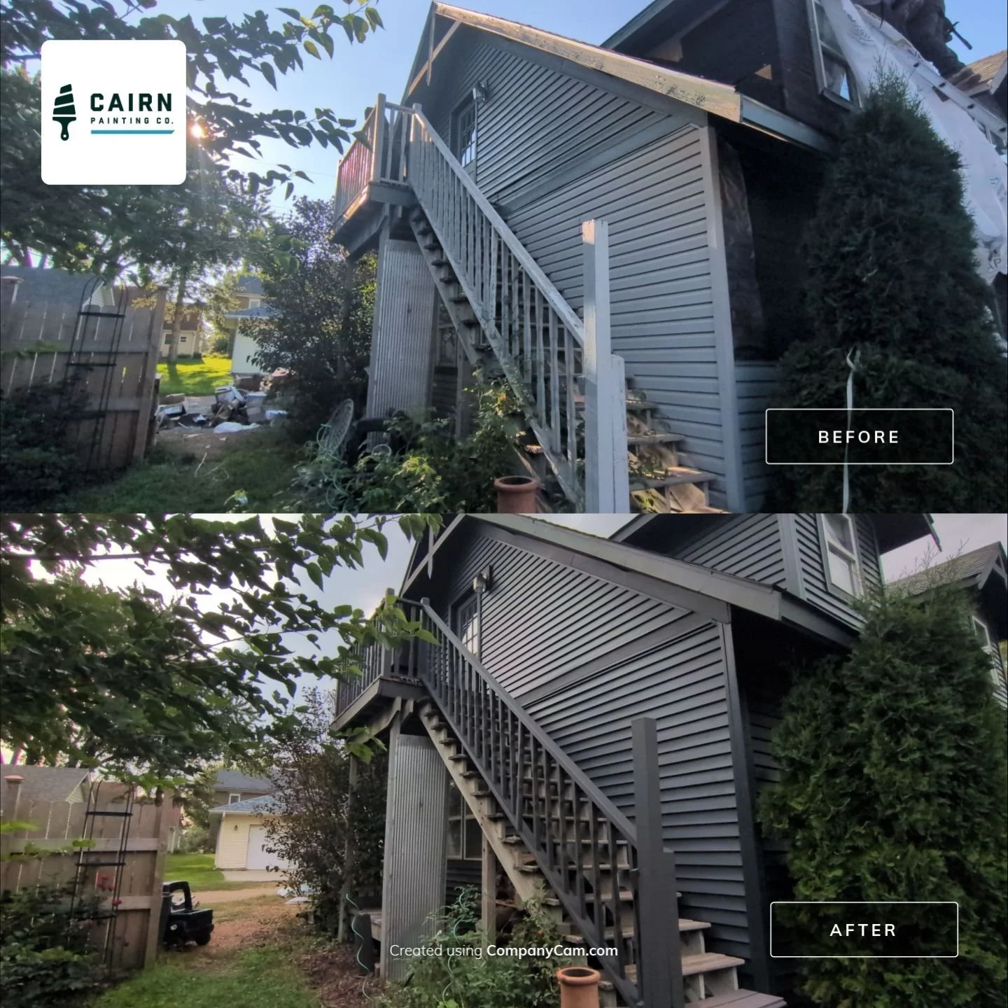Exterior stairway and siding repaint - before and after, Cairn Painting Co.
