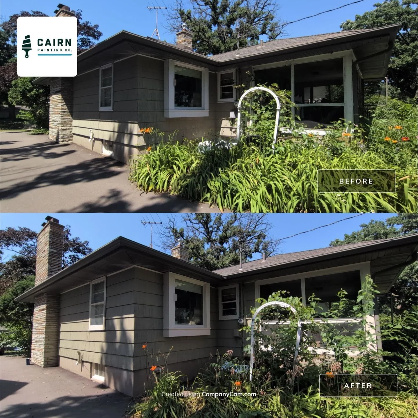Patio and chimney area repaint - before and after, Cairn Painting Co.