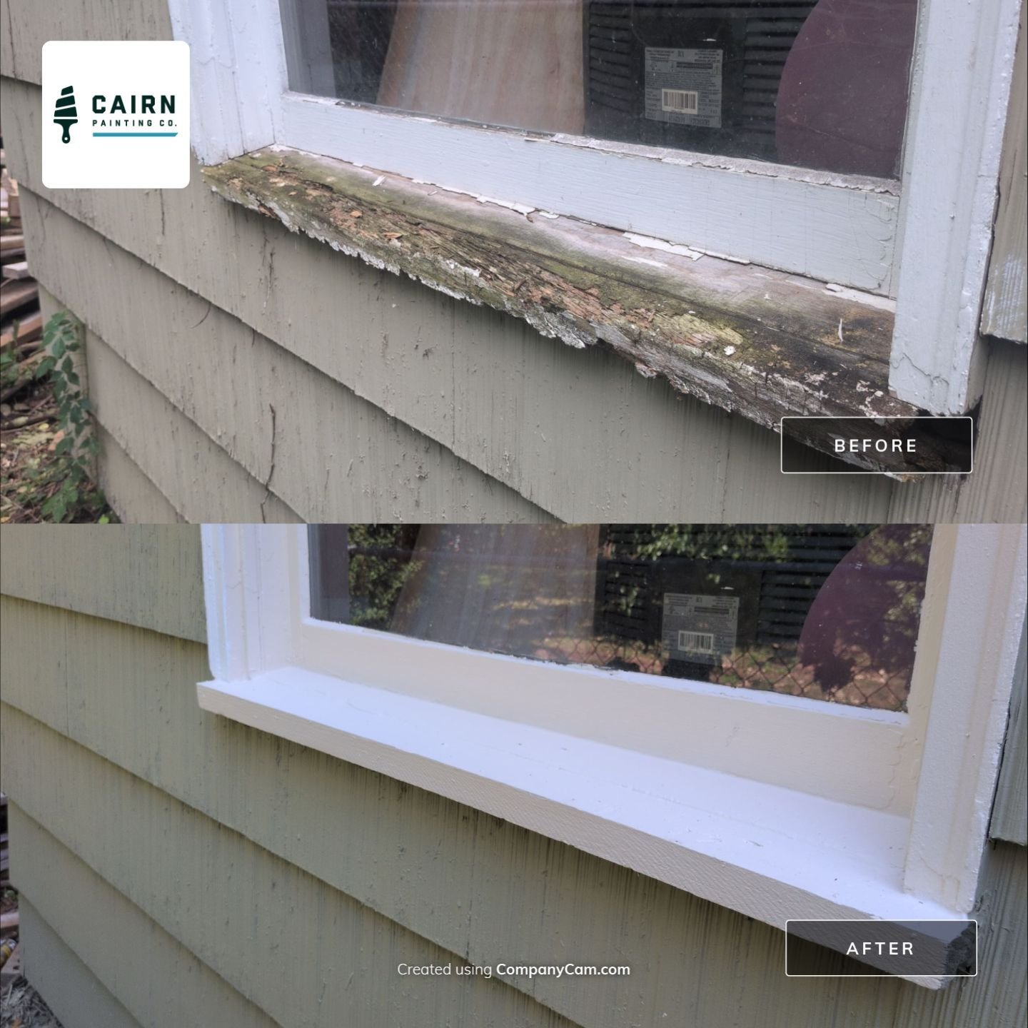 Window trim and siding repair - before and after, Cairn Painting Co.