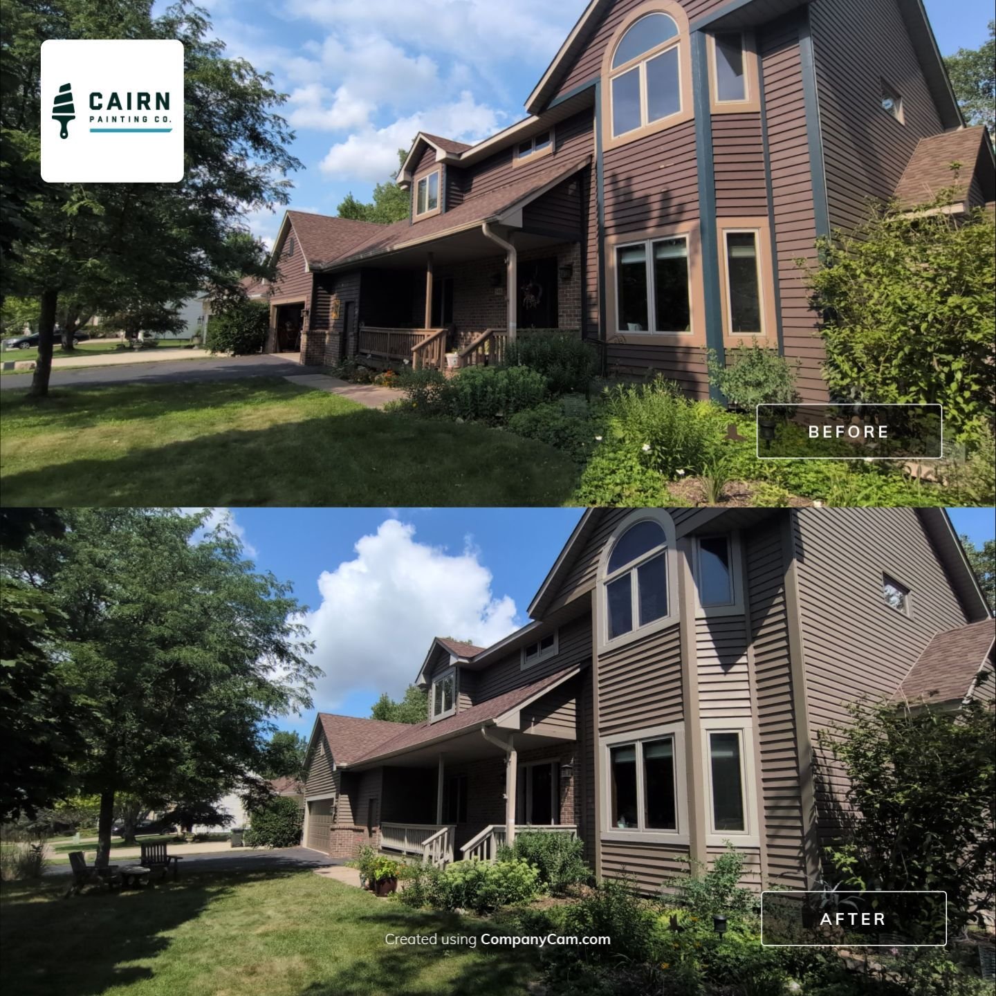 Brick two-story home exterior repaint - before and after, Cairn Painting Co.