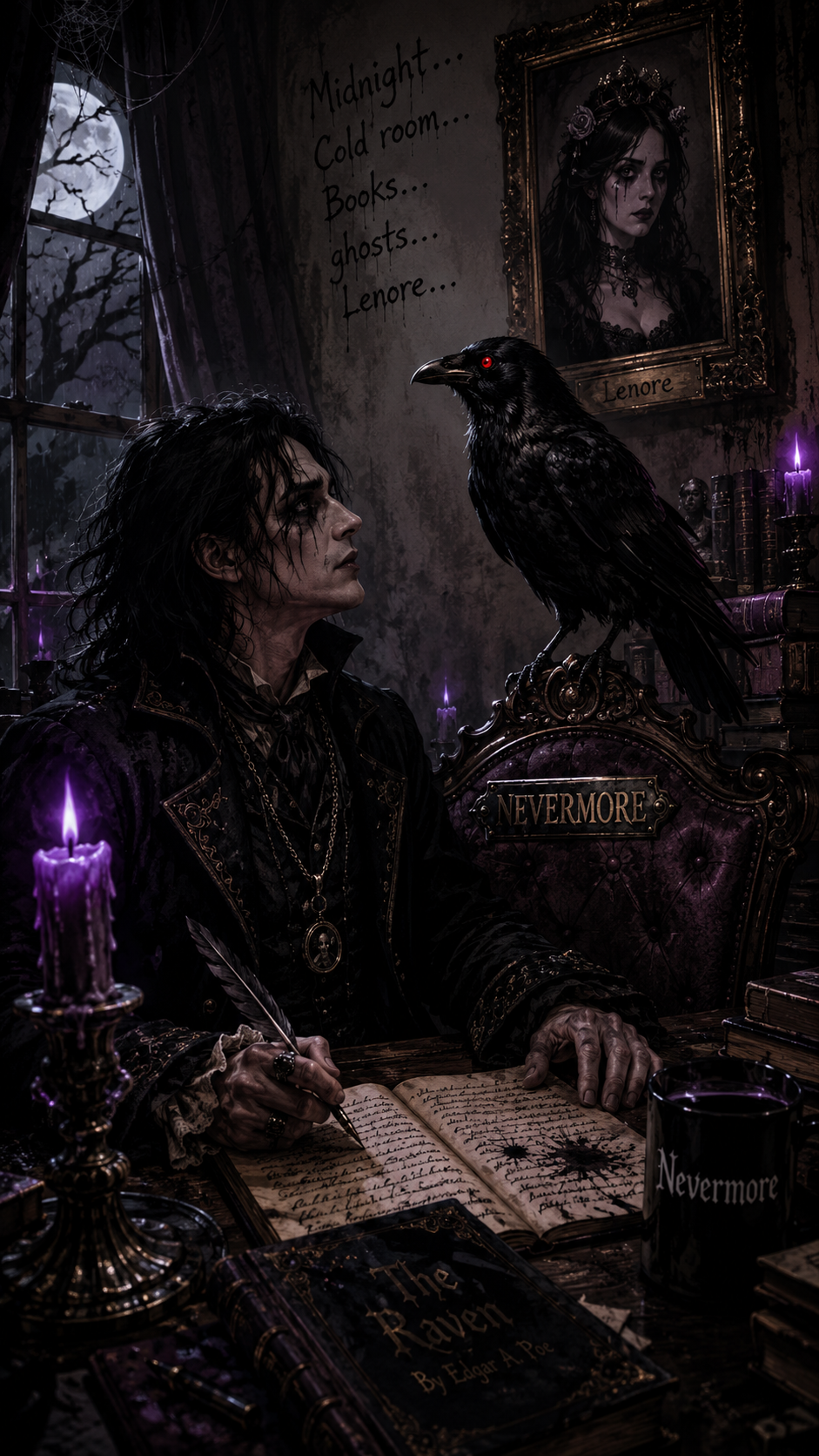 A gothic scene featuring a man with long dark hair, dressed in black with gold embellishments, sitting at a desk writing in an old book titled "The Raven" by Edgar A. Poe. A black raven with red eyes is perched on his shoulder. The desk has a lit purple candle, a glass of dark liquid labeled "Nevermore," and multiple antique books. On the wall behind, there's a portrait of a woman with dark hair and flowers in her hair, labeled "Lenore," and a list of phrases including "Midnight," "Cold room," "Books," "ghosts," and "Lenore..." A window shows a moonlit, foggy night with bare tree branches.