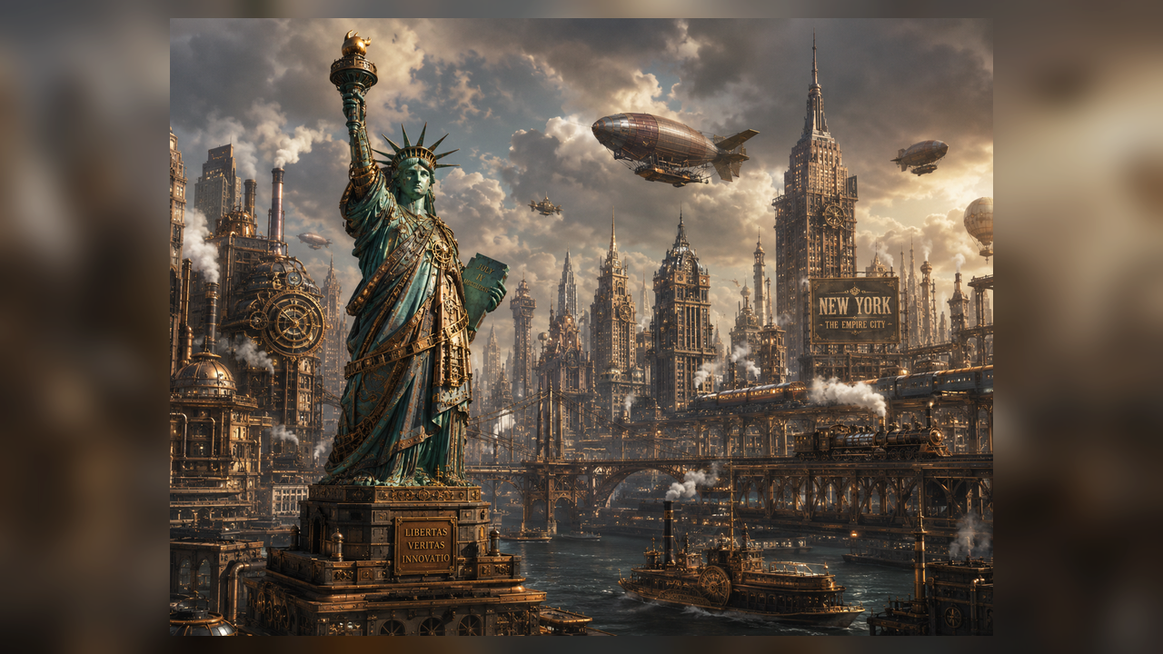 A steampunk-style depiction of New York City with the Statue of Liberty in the foreground, surrounded by futuristic buildings, airships, and flying vehicles in a cloudy sky.