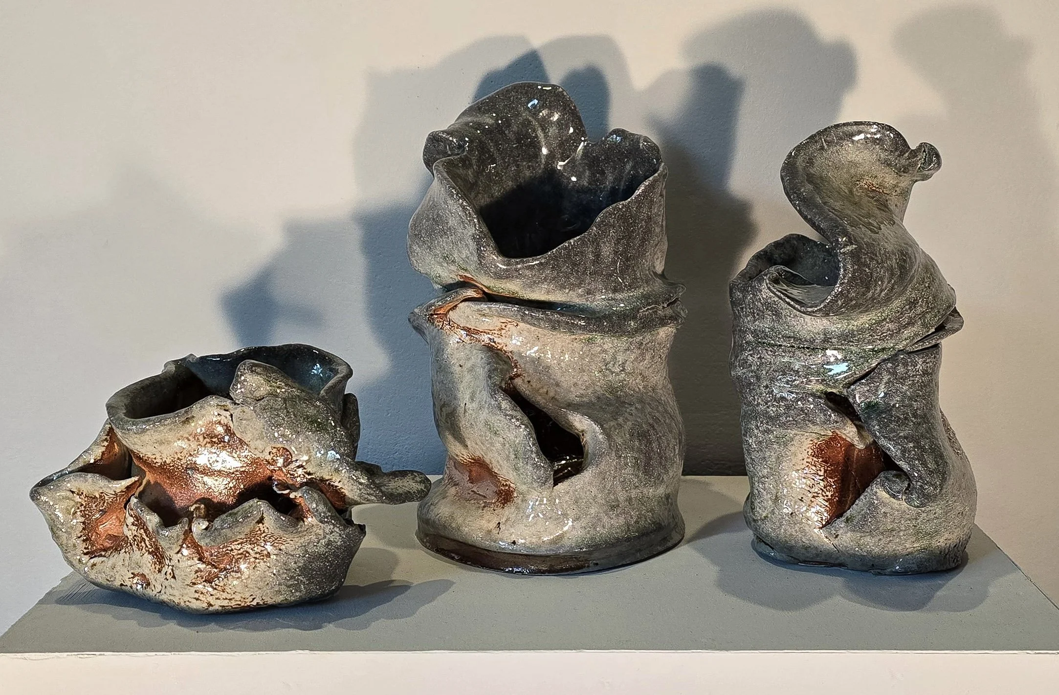 A collection of abstract ceramic sculptures with organic, flowing shapes and metallic finishes, displayed against a plain wall.