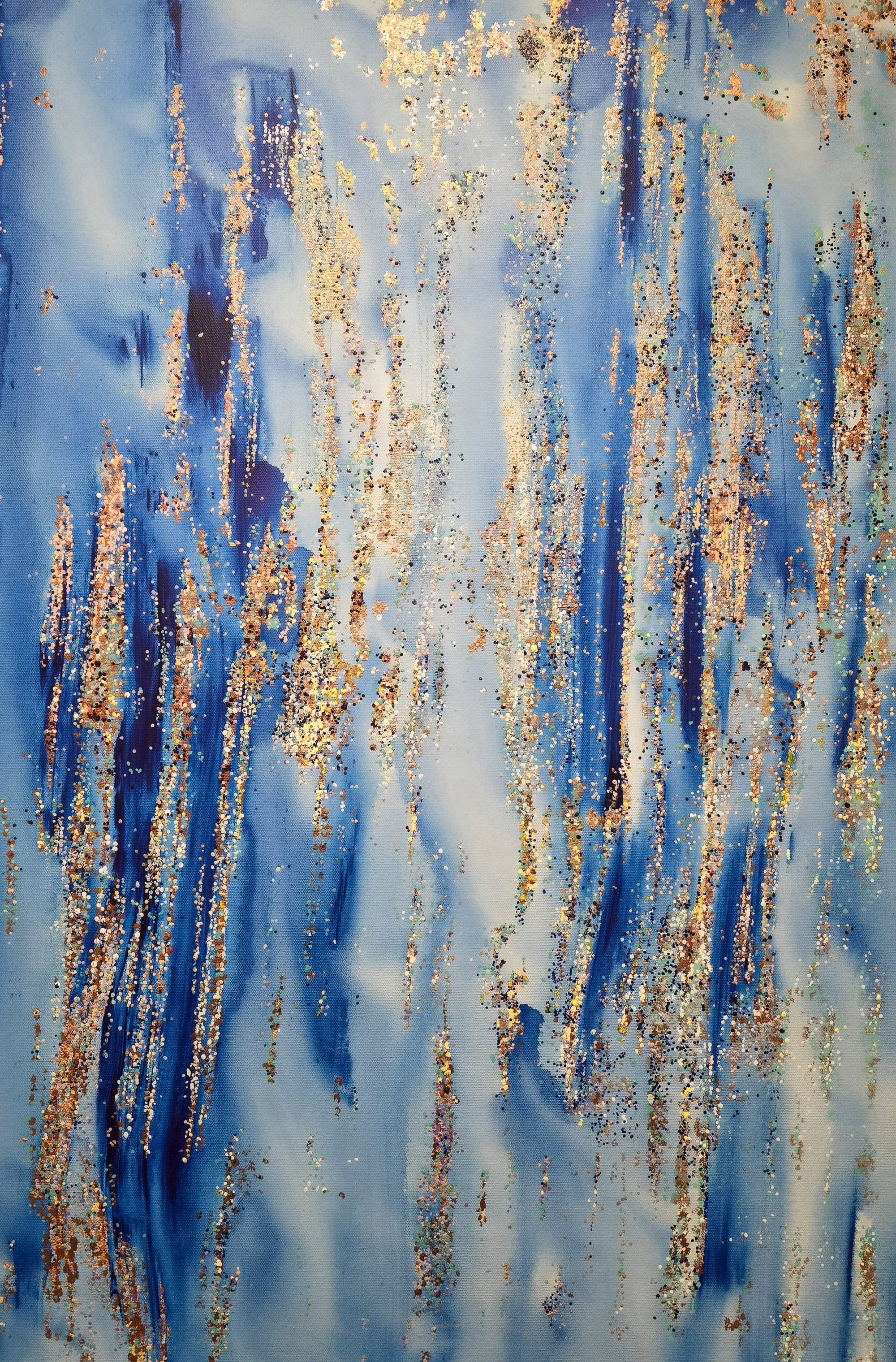 Abstract painting with blue background and vertical streaks of gold, copper, and iridescent colors.
