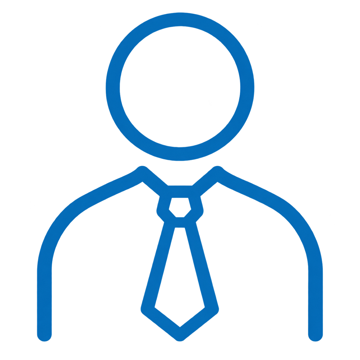 Blue outline icon of a person wearing a suit and tie with a circular head and a necktie.