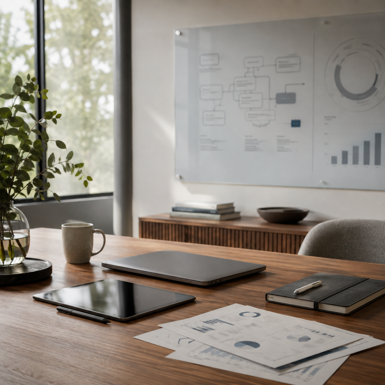 Office workspace with a wooden table, a closed laptop, a tablet, a notebook with a pen, papers with charts, a mug, and a vase with greenery. In the background, a whiteboard with diagrams and charts, and a window showing trees outside.